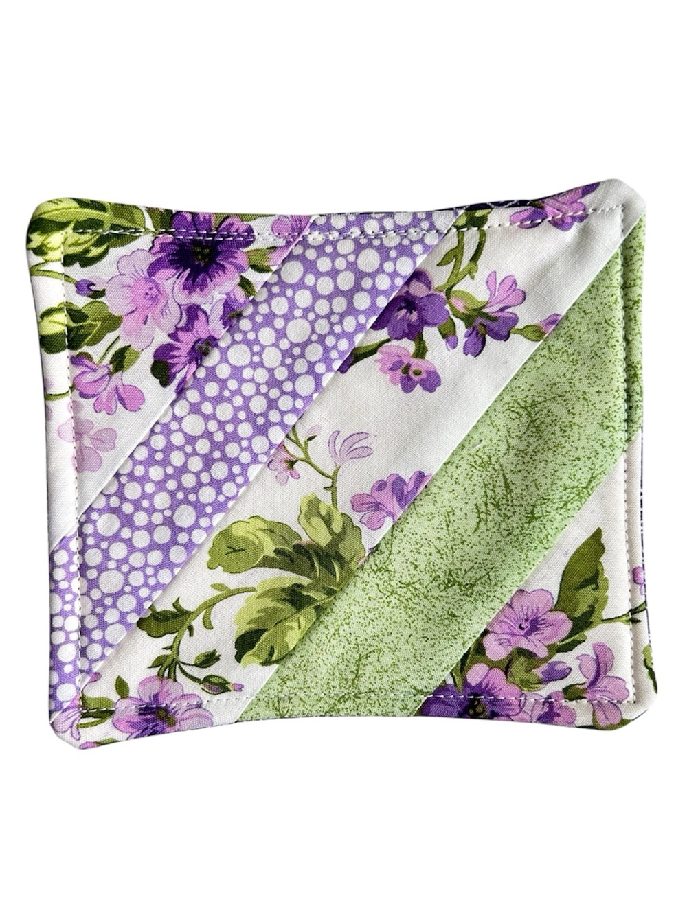 Hand Crafted Purple Green Floral Quilted Coaster Mug Rug Cotton - Picture 5 of 7